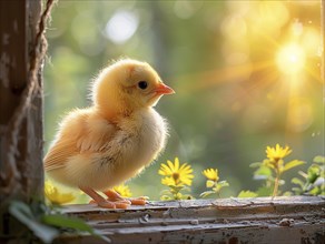 A small chick standing on wood in the soft light surrounded by dandelions, AI generiert, AI