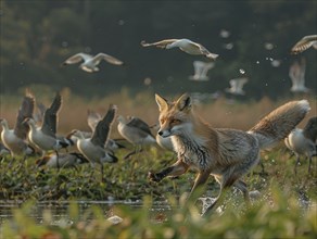 A fox sneaks through a field, surrounded by flying birds at dawn, AI generated, AI generated, AI