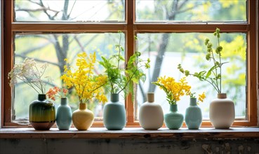 A group of vases with wildflowers displayed on a windowsill AI generated