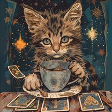 A cat is sitting on a table with a cup of tea and a deck of cards. The cat appears to be playing a