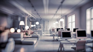 Wide open office space with a soft focus, highlighting a modern and minimalistic style, AI