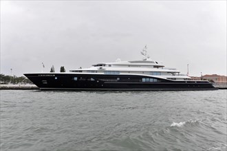 CARINTHIA VII, modern, large black luxury yacht sailing on the sea, Venice, Veneto, Italy, Europe