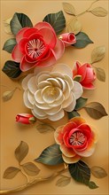 A delicate paper art floral composition with red and white blossoms on a golden textured backdrop,