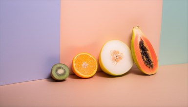 Halved kiwi, orange, and avocado against a pastel pink background in a minimalist style,