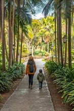 A mother with her son walking in a tropical botanical garden with many palm trees, family vacation