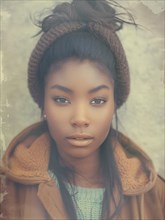 Portrait of a young woman wearing winter clothing and a knit cap, soft focus on her brown eyes, AI