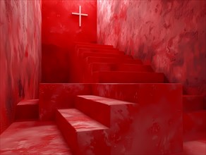 A monochromatic red composition with stairs leading to a cross, illustration, AI generated