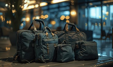 Casual denim bags with leather accents in an interior with warm bokeh lighting AI generated