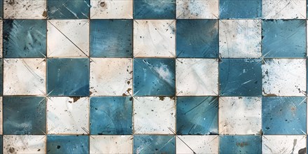 Wall with blue and white square shaped tiles. KI generiert, generiert, AI generated