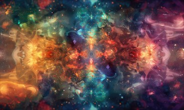 Symmetrical abstract representation of a vibrant cosmic nebula in red and blue AI generated