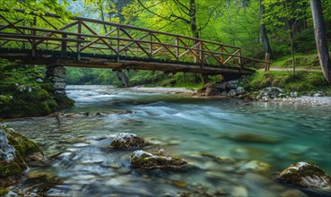A rustic wooden bridge spanning over a crystal-clear spring river AI generated
