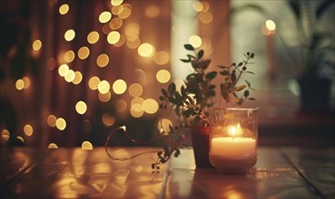 Bokeh lights in warm tones casting a soft glow in a cozy indoor setting AI generated