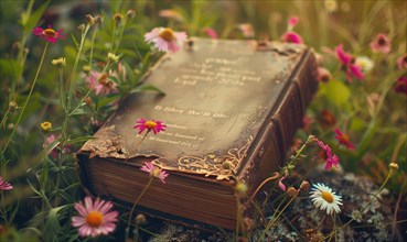 Vintage book surrounded by wildflowers AI generated