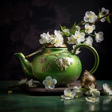 Green Teapot with Golden Floral Designs and White Blossoms, AI generated
