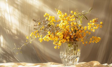 Bouquet of blooming Mimosa branches in glass vase AI generated
