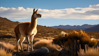 Guanaco standing on a solitary hill in the patagonian deserts sparsely vegetated landscape, AI