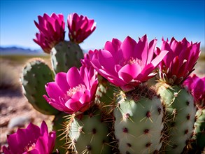 Prickly pear cactus blossoms in vibrant pink in the chihuahuan desert, AI generated