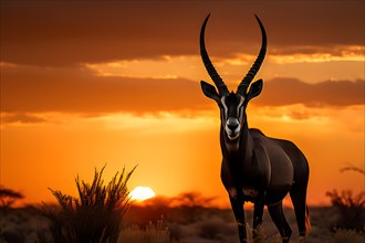 Gemsbok silhouette towering with a polemic accentuation of horns piercing through the orange dome
