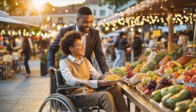 A smiling couple at a bustling fruit stand, with one partner in a wheelchair, sharing a moment, AI