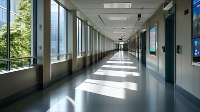 Long empty corridor in a modern hospital with natural light, AI generated, modern, architecture