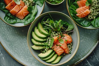 A top-down view of a refreshing bowl with raw salmon, avocado, and garnished with green leaves, AI