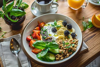 A vibrant breakfast bowl with yogurt, fresh fruits, nuts, and a sprinkle of basil, AI generated
