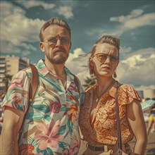 A couple in a summery retro look with serious expressions on the beach, AI generated