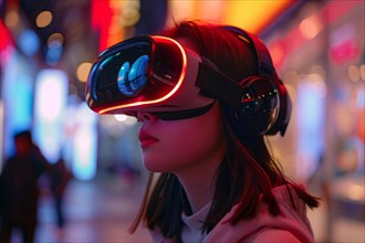 Woman wearing a VR headset illuminated by bright neon lights in a futuristic setting, AI generated