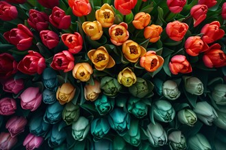 Top-down view of a diverse array of colorful tulips, AI generated