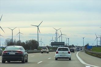 Busy motorway A 9, wind turbines behind, Thuringia, Germany, Europe