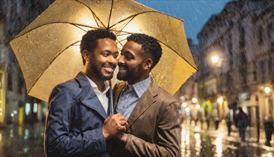 Two african american gay men embracing under a golden umbrella on a rainy urban night, AI generated