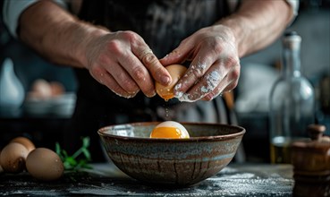 A chef cracking an egg into a mixing bowl, closeup view of hands AI generated