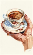 A hand holding a cup of coffee with a floral design on the saucer. Concept of warmth and comfort,