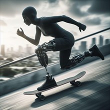 Futuristic female figure with a prosthetic leg running at speed with clean lines and urban