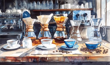 Watercolor illustration of a coffee shop scene with various coffee-related items like cups AI