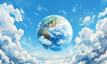 Watercolor illustration of the Earth globe with fluffy clouds against a clear blue sky AI generated