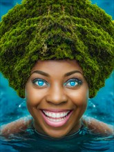 Joyful portrait of a person with a moss-like texture hat emerging from water, AI generated