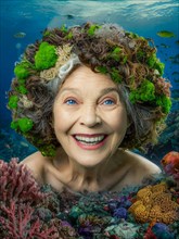 Smiling elderly caucasian blue eyed lady submerged in a coral reef, surrounded by vibrant marine