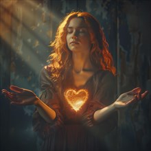 Woman holding a glowing heart in dark, mystical surroundings, AI generated