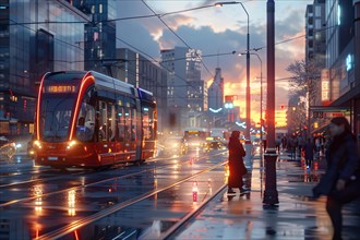 Modern tram in urban environment during dusk with pedestrians and city lights, AI generated