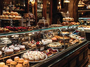 Elegant patisserie featuring an illuminated display case filled with colorful, luxurious desserts,