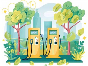 Bright and colorful illustration of electric car chargers in an urban green space, illustration, AI