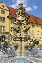 Fountain with lion heads, stone figures, Winnental Castle built in the 15th century by the Teutonic