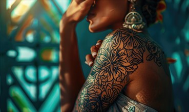 A woman's tattooed arm, showcasing a tradition-inspired detailed artwork AI generated