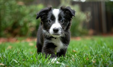 Border collie puppy eagerly awaiting a game of fetch in a grassy park AI generated