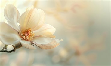 Close-up of a delicate magnolia blossom against a soft blurred background, floral background AI