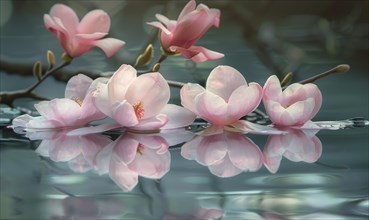 Magnolia blossoms reflected in the still waters of a tranquil pond. Magnolia blossoms touch water