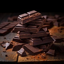 Stack of dark chocolate pieces with some broken segments, AI generated