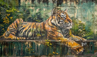 An extinct Javan tiger depicted in a detailed mural AI generated