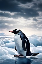Penguin huddling on a solitary iceberg in antarctica, AI generated